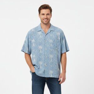 Nat Nast Blue Coconut Tropical Print 100% Silk Vacation Button‎ Down Large
